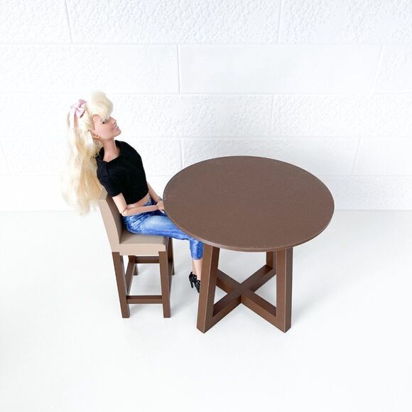 Miniature Barbie Bistro Brown Table 4 Chairs 3D Printed Dollhouse Furniture - Picture 3 of 6